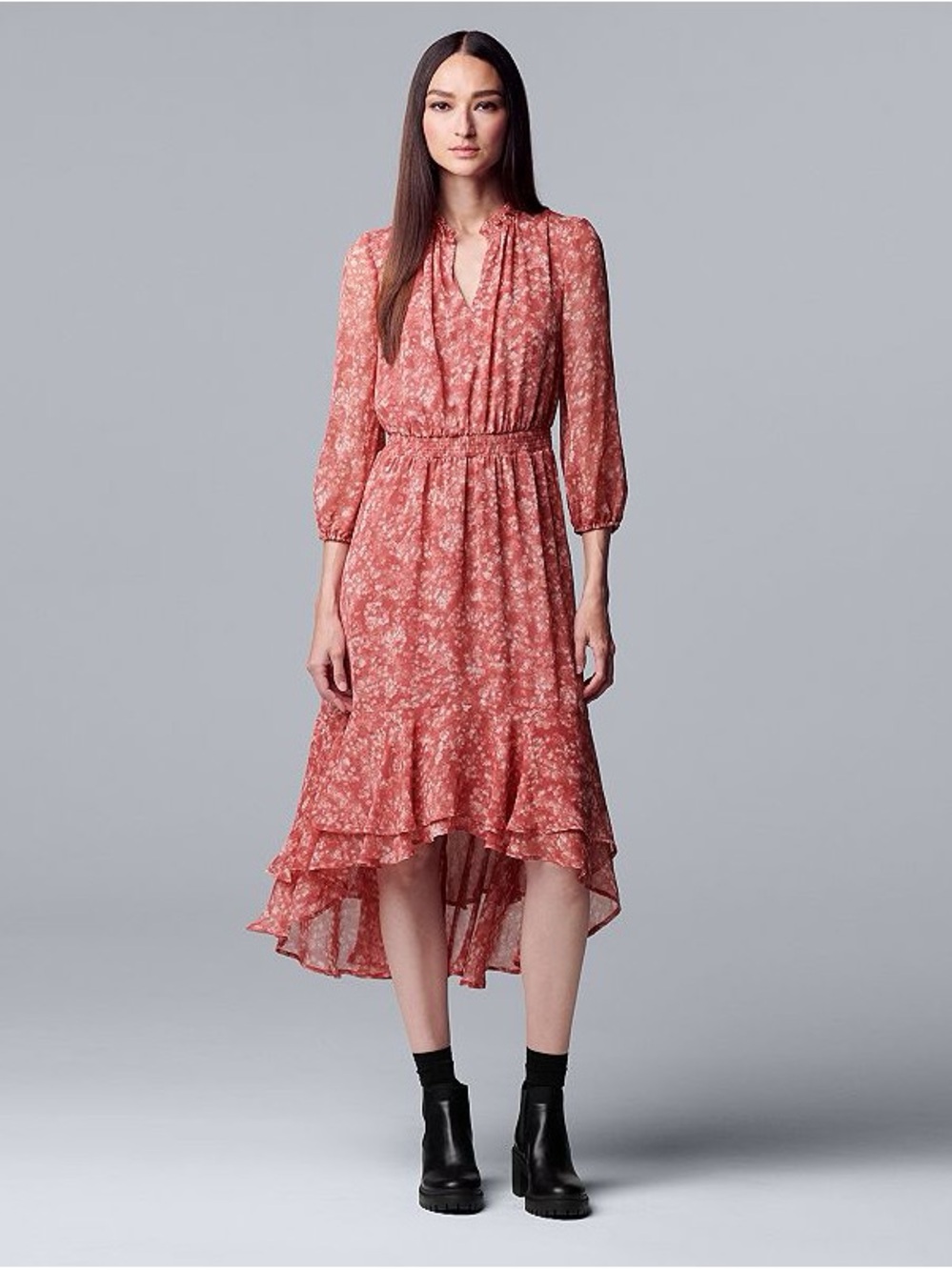 Simply Vera Vera Wang Dusty Rose Floral High-Low Ruffle Dress